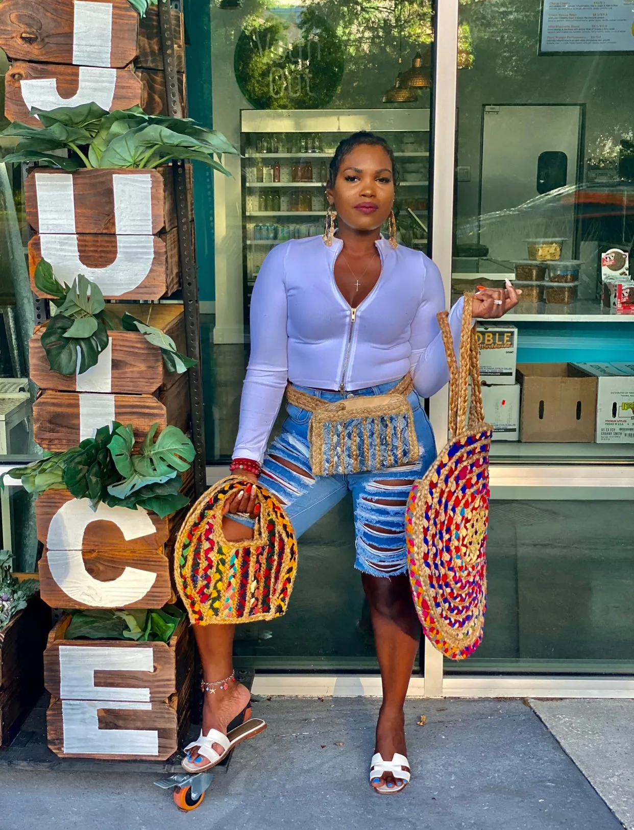 Tulum Denim And Straw Belt Bag